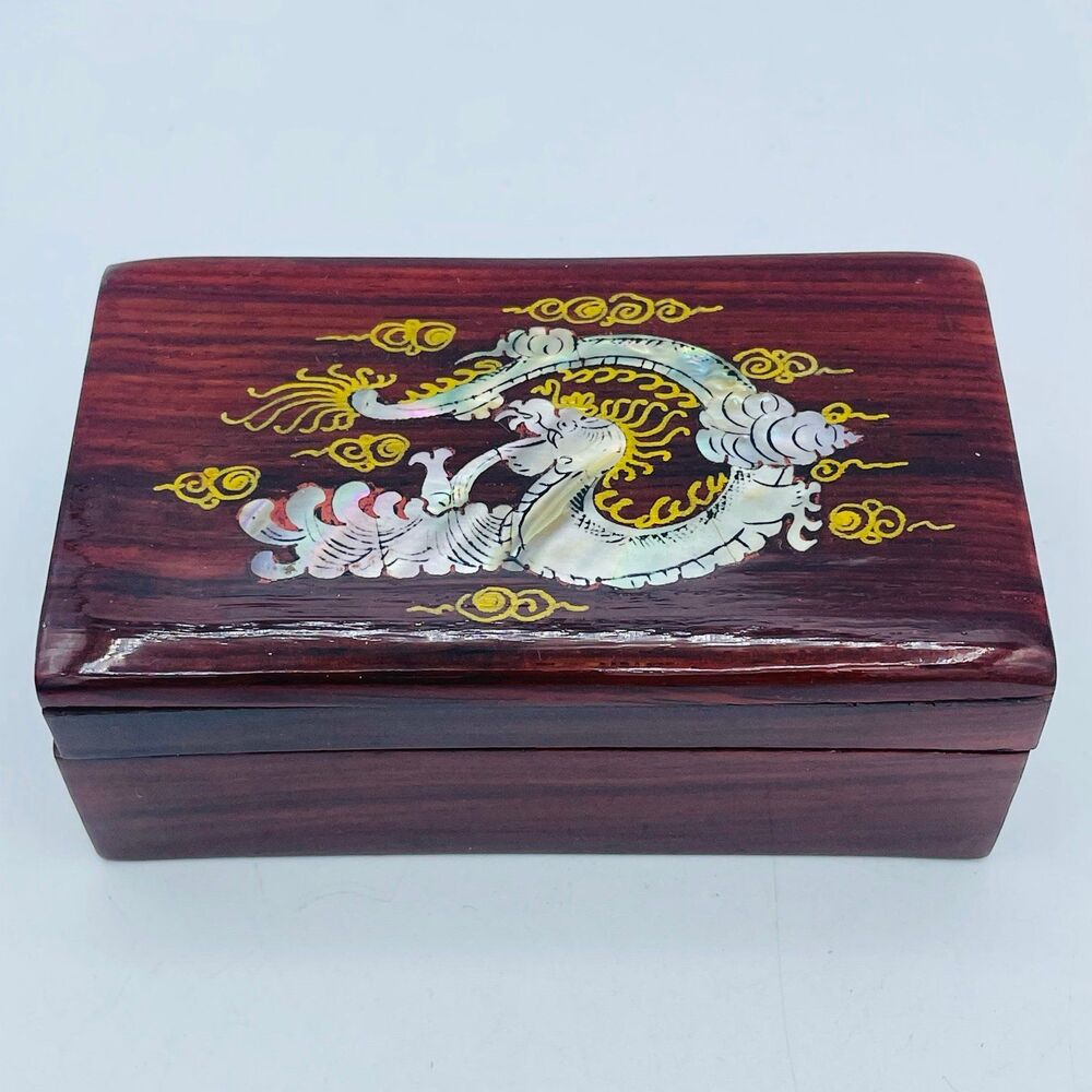Small Hand Crafted Wooden Imperial Dragon Lacquered Lined Jewelry Trinket Box